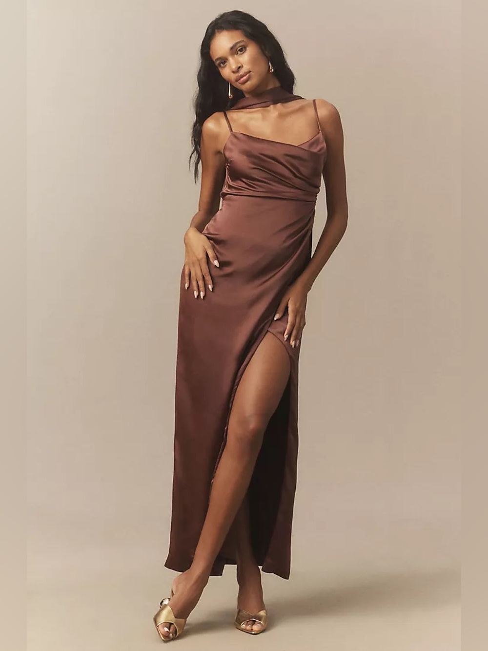 BHLDN Brown High Shine Satin Cowl Neck Maxi Dress w/Slit Bridesmaid NWT Size -4